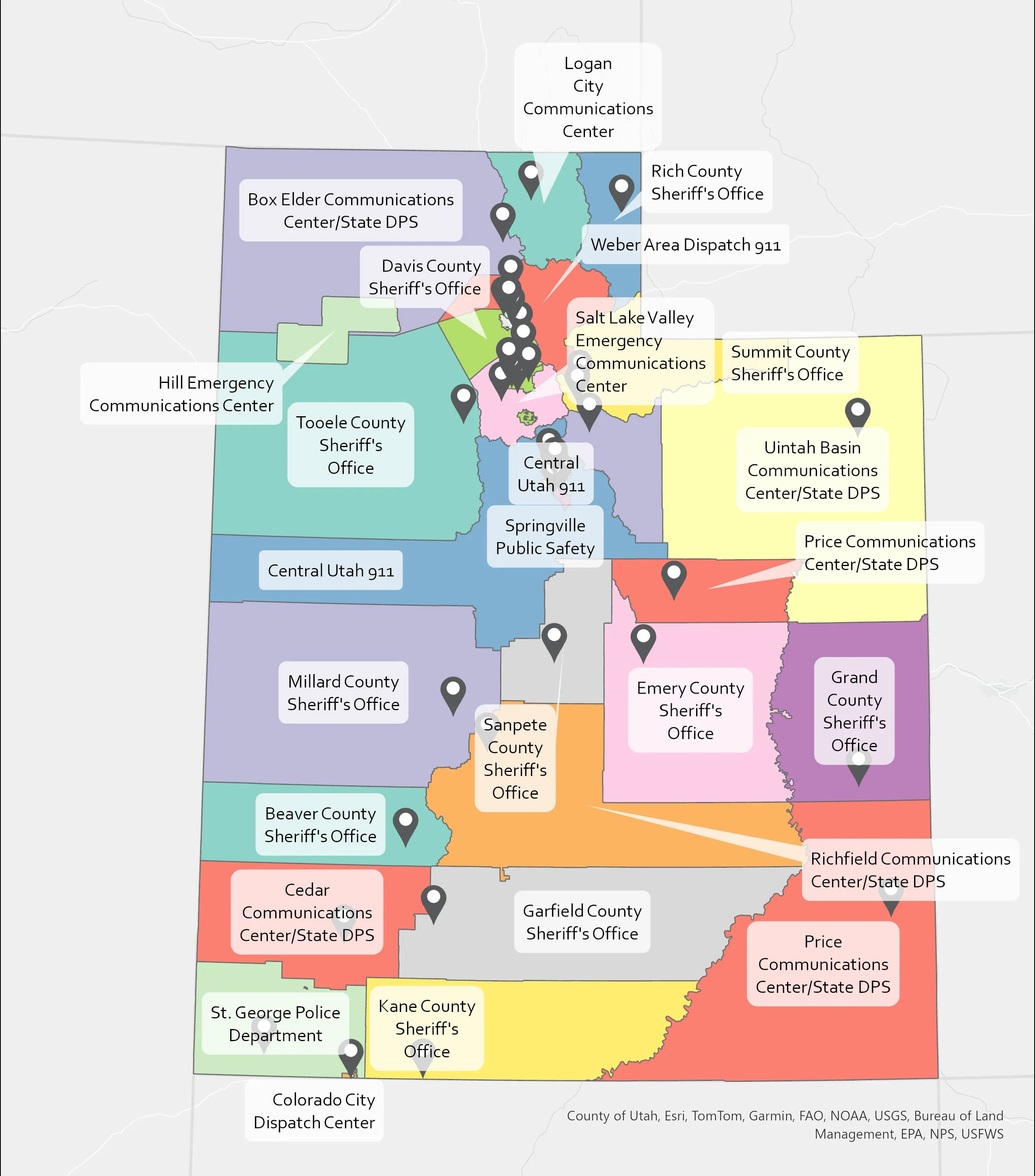 Map of Public Safety Answering Point areas of responsibility.